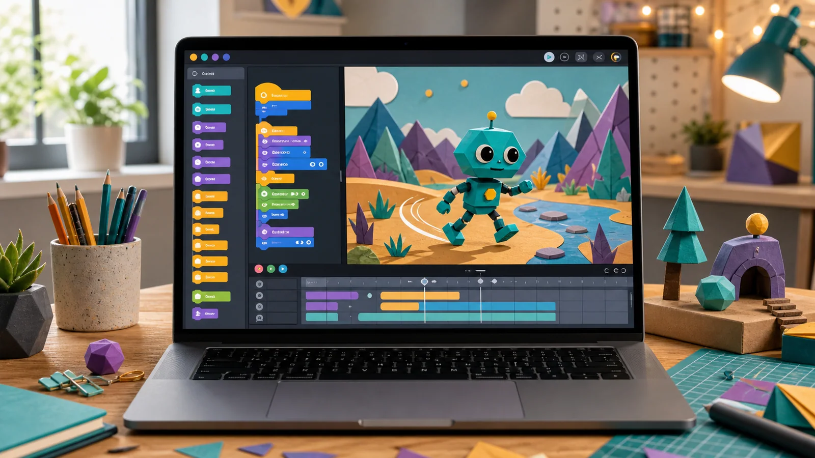 An original geometric character moving across a colourful scene beside generic block-programming instructions on a laptop