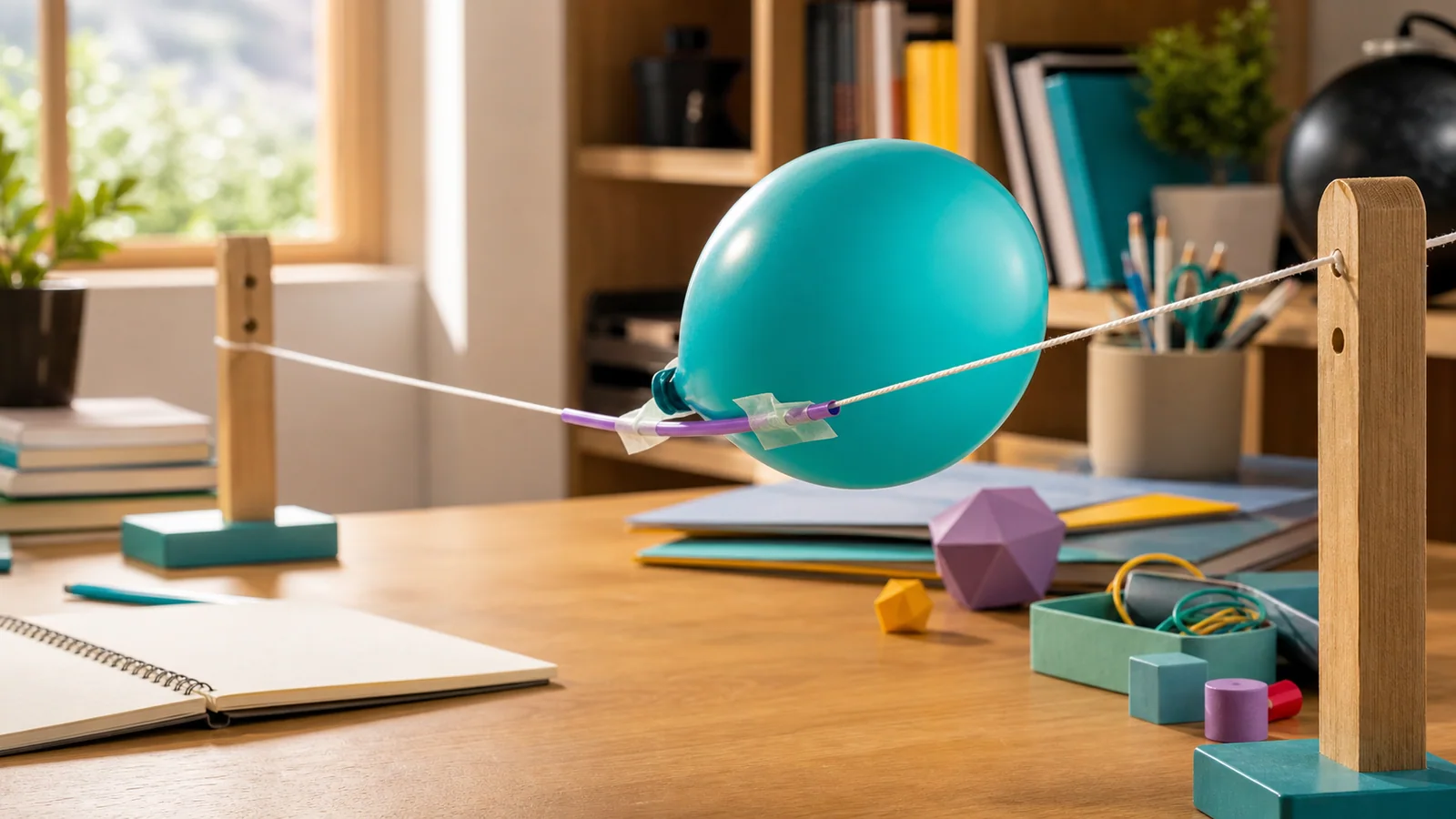 A balloon rocket travelling along a taut string above a tidy home-learning table