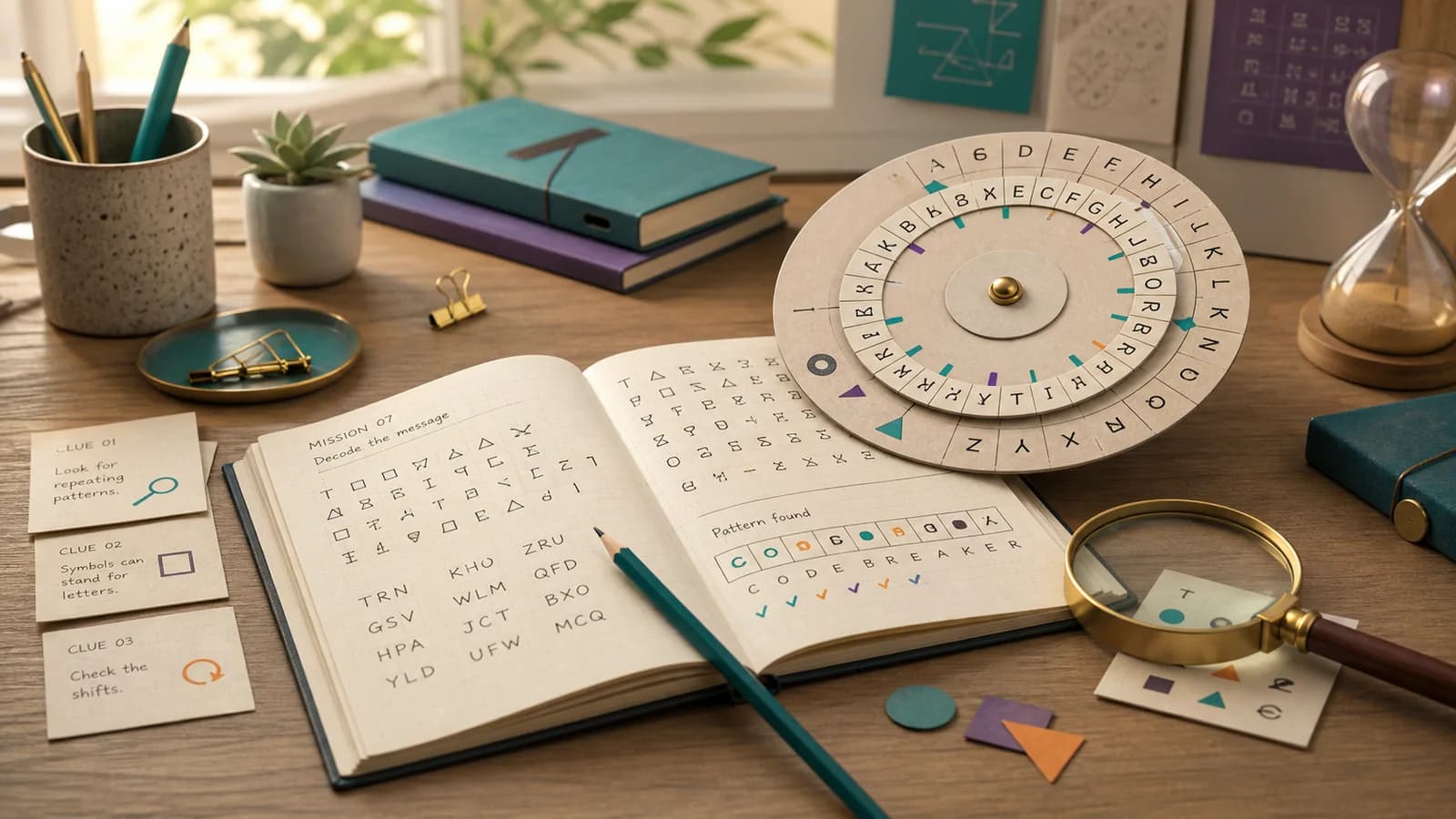A cipher wheel, coded notebook and magnifying glass arranged as an inviting logic puzzle.