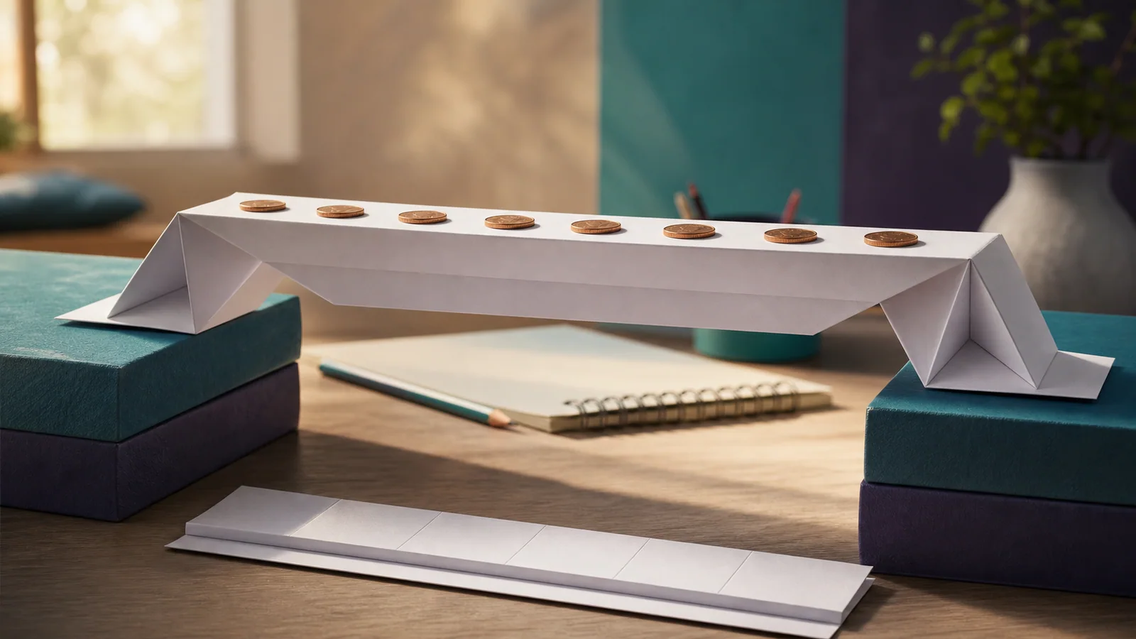 A folded paper bridge spanning two books and supporting a row of coins