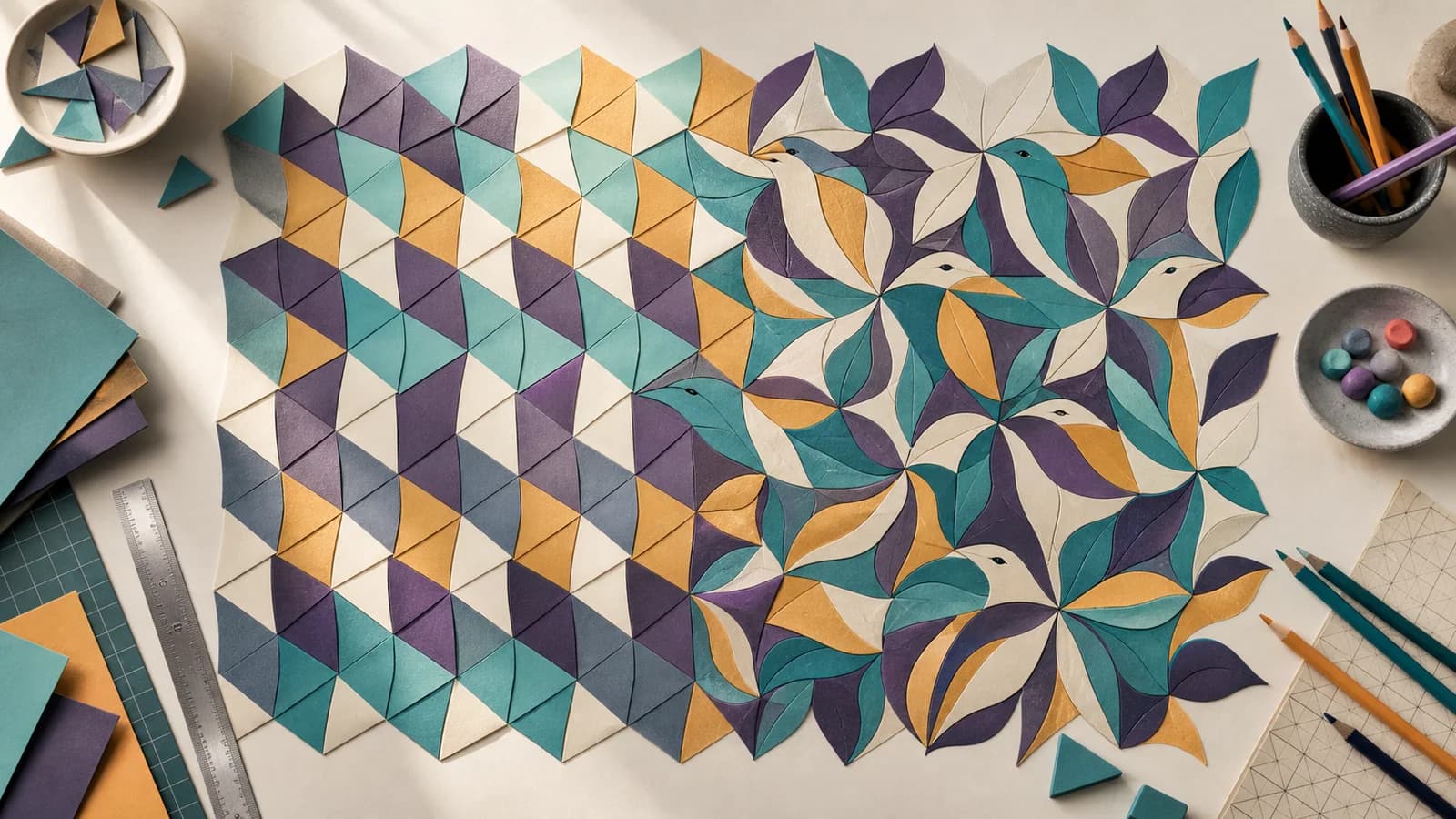 Interlocking teal, violet and amber geometric tiles transforming into an original abstract creature pattern